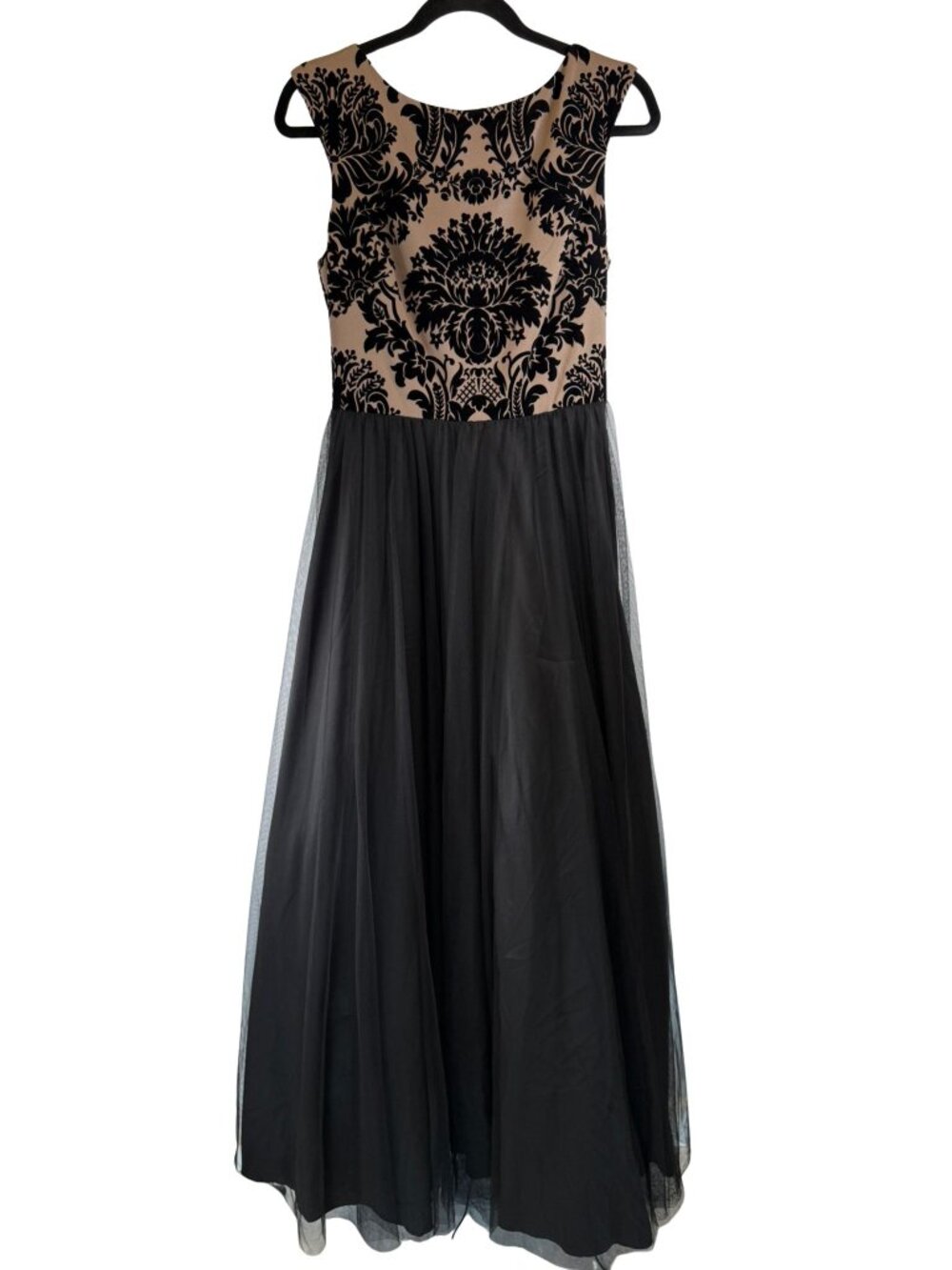 Aidan Mattox Black Nude Flocked Damask Tulle Evening Gown Dress Size 6